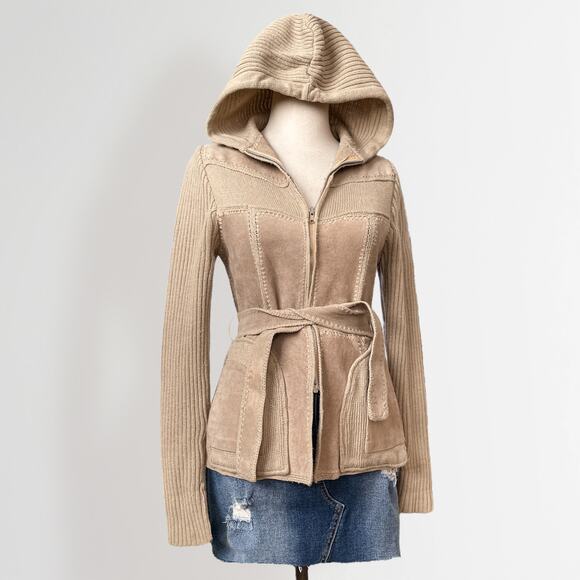 Vintage Suede Leather Hooded Jacket M Tan Boho Western Cabincore Equestrian Luxe - Picture 5 of 12